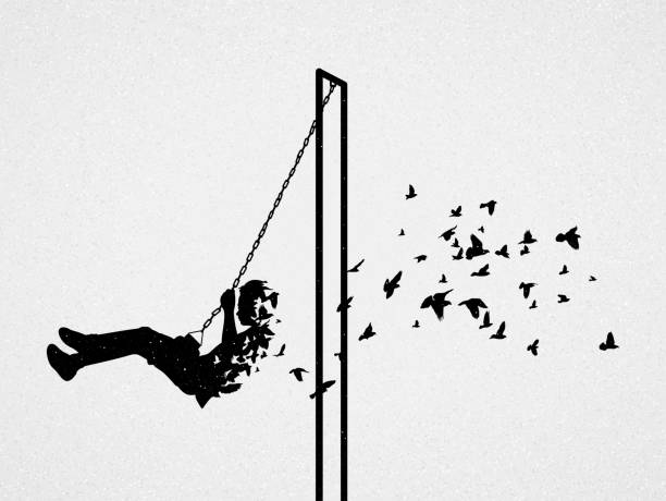 Boy on swing silhouette Dying child. Death and afterlife. Flying bird dead bird stock illustrations