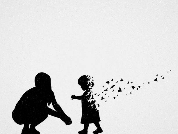 Mother and child silhouette Dying girl and birds. Death and afterlife i love you mom stock illustrations