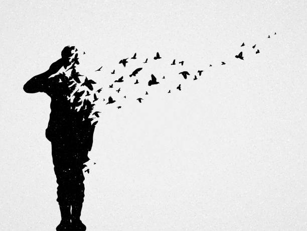 Dying soldier on war Death and afterlife. Flying birds silhouette spiritual warfare stock illustrations