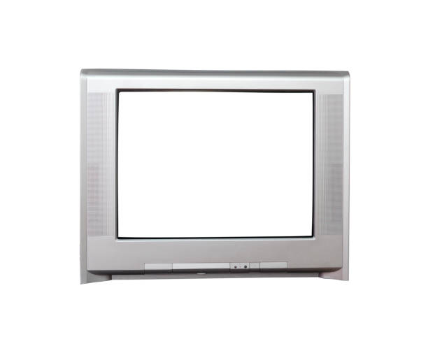 istock Old vintage silver TV 1980s, 1990s, 2000s with white screen isolated on white background. 1389332139