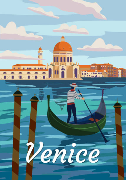 베니스 이탈리아 포스터 복고풍 스타일. 대운하, 곤돌리에, 건축, 빈티지 카드. 벡터 일러스트 엽서 - gondola italy venice italy italian culture stock illustrations