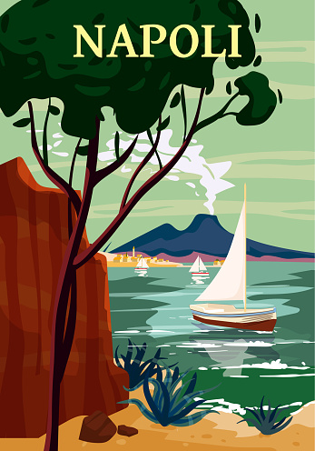 Naples Retro Poster Italia. Mediterranean sea sailboat, smoke volcano Vesuvius, coast, rock. Vector illustration postcard isolated