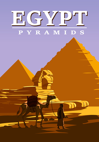 Ancient Egypt Pharaoh Pyramids Sphinx Vintage Poster. Travel to Egypt Country, Sahara desert, camel with egyptian. Retro card illustration vector isolated