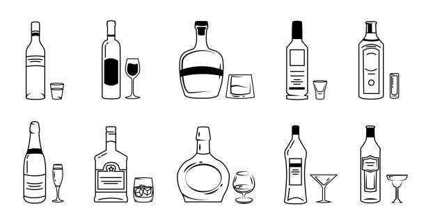 illustrazioni stock, clip art, cartoni animati e icone di tendenza di set di varie bevande alcoliche e bicchieri in stile doodle. bottiglie di birra, cognac, gin, liquori, martini, whisky, rum e altre cose in stile contorno. - silhouette vodka bottle glass