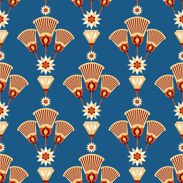 istock Seamless pattern vector illustration of the Egyptian ancient  ornament with a lotus flower, leaves,  papyrus, palm tree. 1389333712