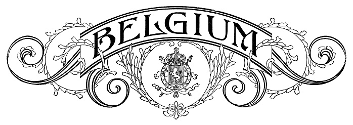 Belgium in Art Nouveau style text. Vintage halftone etching circa late 19th century.