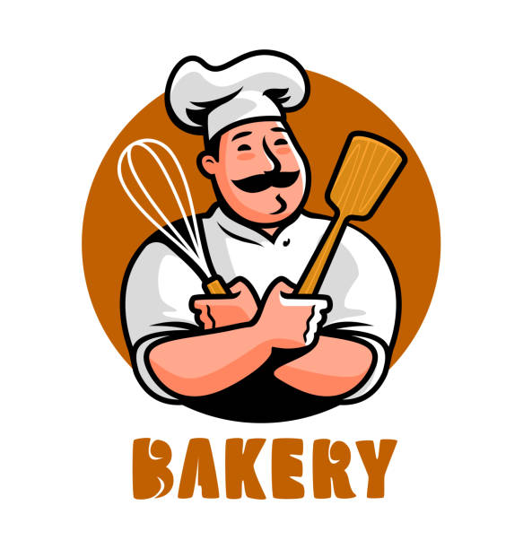 ベーカリーのロゴ。面白いシェフパン屋漫画のキャラクター。エンブレムベクターイラスト - baker bakery chef bread点のイラスト素材／クリップアート素材／マンガ素材／アイコン素材