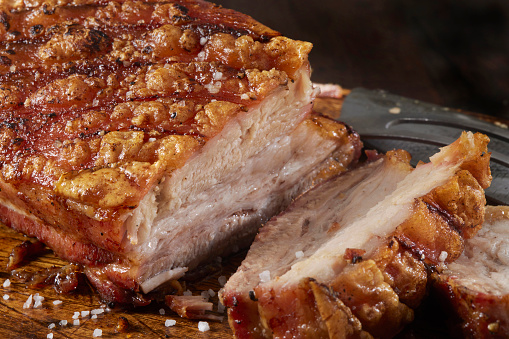 Roast pork boneless shoulder with crispy crackling.