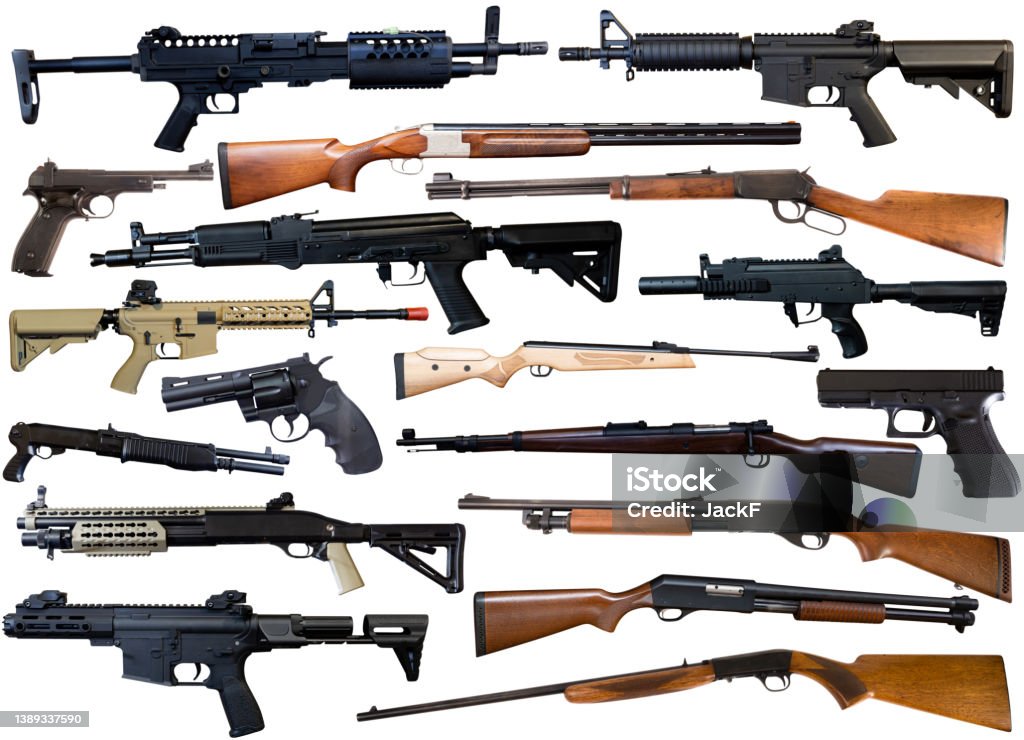 Various weapons isolated over white background Various weapons isolated over white background. Firearms collection. Gun Stock Photo