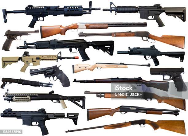 Various Weapons Isolated Over White Background Stock Photo - Download Image Now - Gun, Handgun, Heap