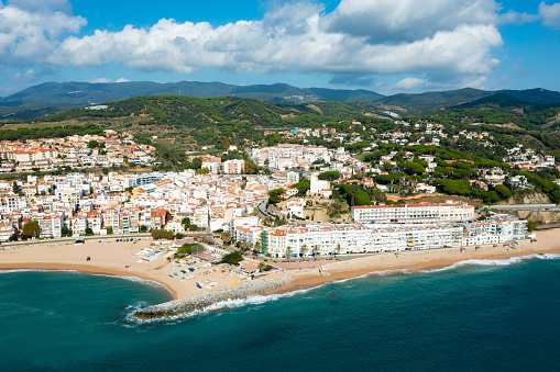 Townscape of Sant Pol de Mar, Maresme region, Catalonia, Spain. View of sea coast and beach.