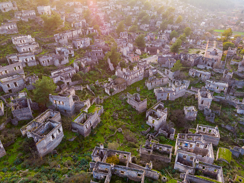 View from drone of former Greek village Kayakoy, Fethiye, Turkey