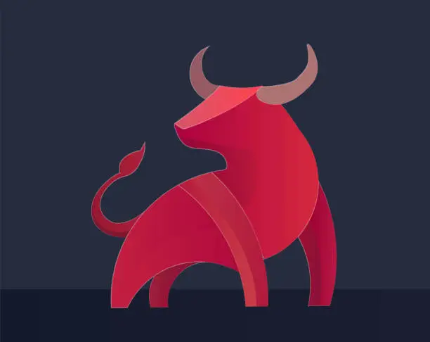 Vector illustration of An isolated minimalist illustration of a red bull on a dark background. Gradient colors.