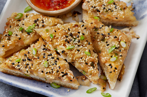 Asian Inspired Sesame Shrimp and Crab Toast with a Sweet Chili Sauce