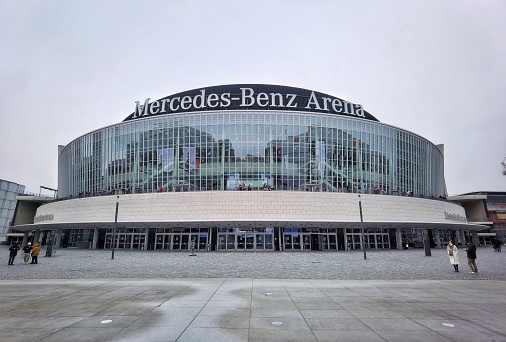 February 27, 2022 - Berlin, Germany: Exterior of Mercedes Benz Arena in Berlin.Popular place for cultural entertainment,tourist attraction in a cloudy day