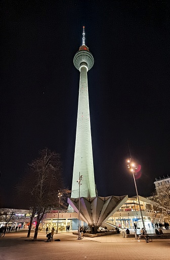 February 26, 2022 - Berlin, Germany:  the television tower at night in Alexanderplatz, Berlin, Germany. Iconic TV tower with observation deck.