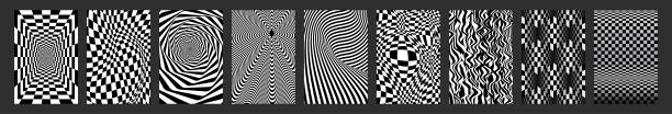 Abstract black and white checkered background collection Abstract black and white checkered background collection. Set of checkered wave black white background for sport race championship and business finish success. moving optical illusions stock illustrations
