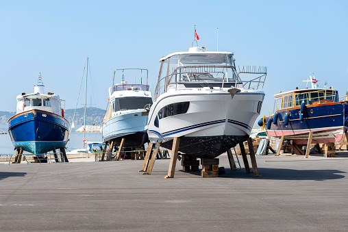 Boats in standby at the port or on the dockyard. Istanbul, Turkey