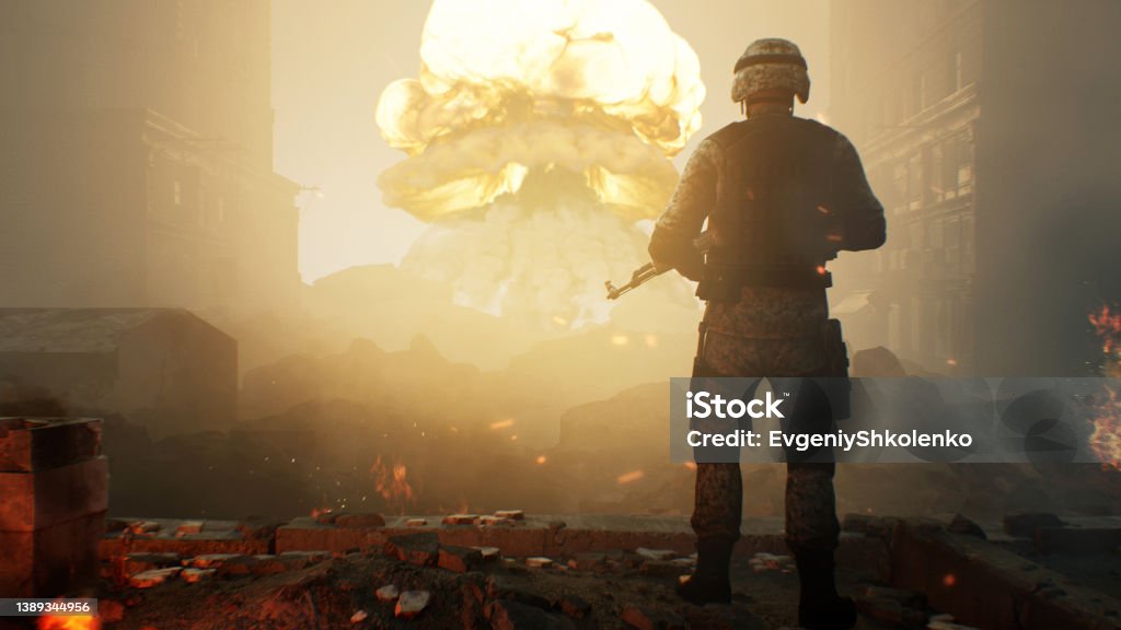 Soldier against a nuclear explosion 3D render of a soldier with a machine gun, standing in the ruins of a ruined city blazing with fire after a bombing and looking at a nuclear explosion Mariupol Stock Photo