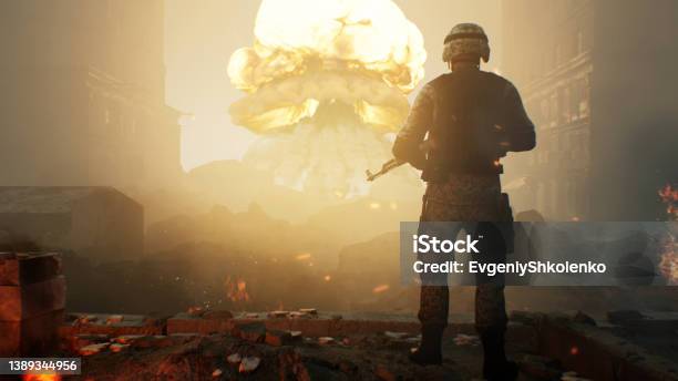 Soldier Against A Nuclear Explosion Stock Photo - Download Image Now - Mariupol, Russian Military, Biochemical Weapon
