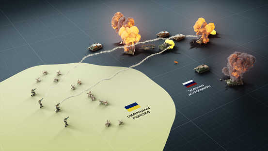 3D render animation of representation of Russian military invasion and occupation of Ukraine, battle between soldiers with grenade launchers and Russian tanks