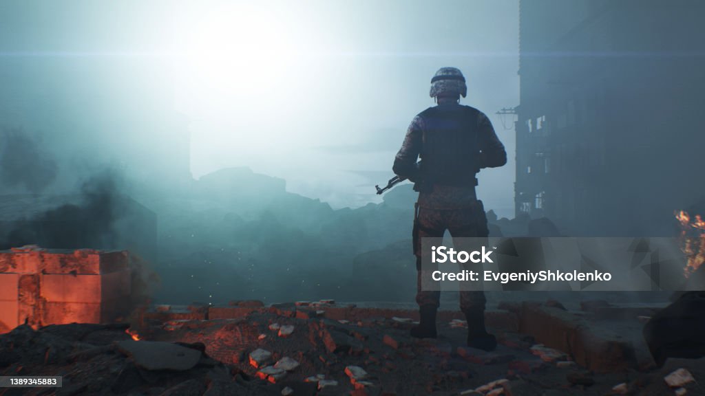 Soldier with machine gun in ruins 3D render of a soldier in ammunition with a machine, gun standing on the ruins blazing in flames after the bombing of the city at dawn War Stock Photo