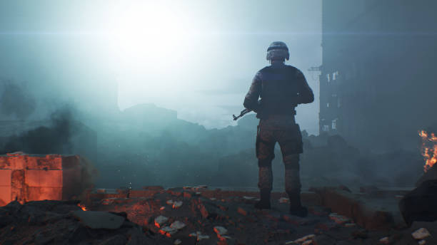 Soldier with machine gun in ruins 3D render of a soldier in ammunition with a machine, gun standing on the ruins blazing in flames after the bombing of the city at dawn war stock pictures, royalty-free photos & images