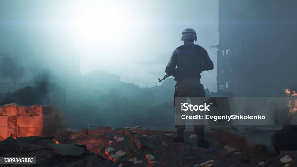 Soldier With Machine Gun In Ruins Stock Photo - Download Image Now - War, Ukraine, Armed Forces