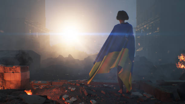 Woman with Ukrainian flag on the ruins 3D render of a woman wrapped in the Ukrainian flag stands on the burning ruins of the city after the bombing at dawn mariupol stock pictures, royalty-free photos & images