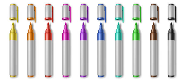 istock Realistic colorful markers with open caps, drawing pen palette. Stationery highlighters set 1389346139