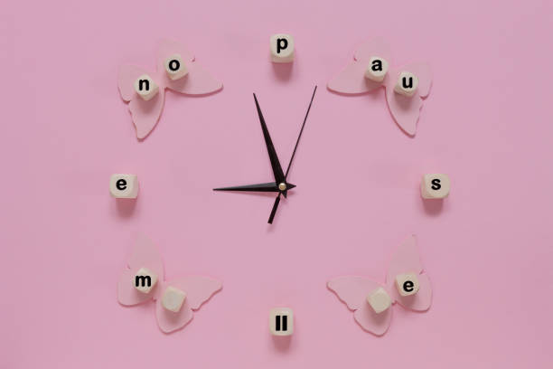 Alarm clock hands and word menopause on the pink background with butterflies. Alarm clock hands and word menopause on the pink background with butterflies. oestrogen stock pictures, royalty-free photos & images