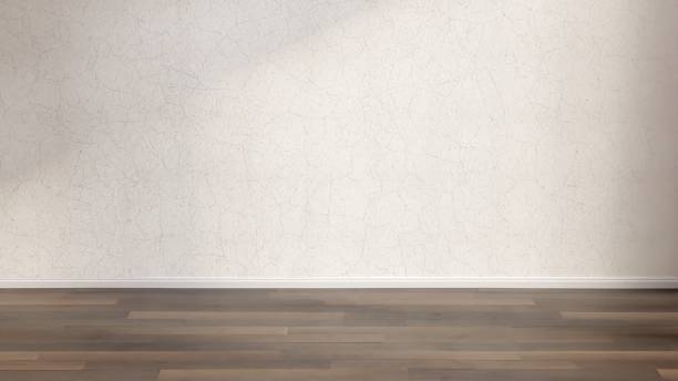 istock Empty room with grey textures stucco wall and dark wood floor 1389347028