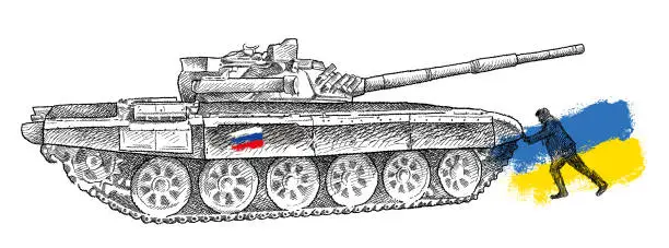 Vector illustration of Hand-drawn sketch of Ukrainian man, resistance and stop to the russian tank t72 in black isolated on white background.