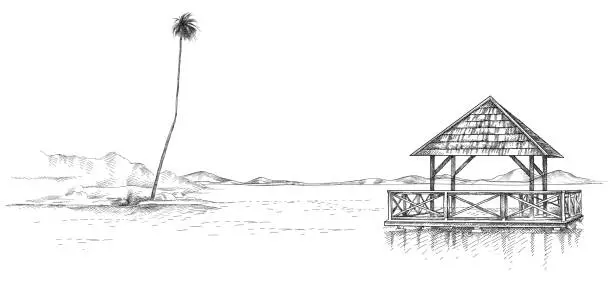 Vector illustration of Hand-drawn sketch of wooden gazebo with palm tree on the water in black isolated on white background.