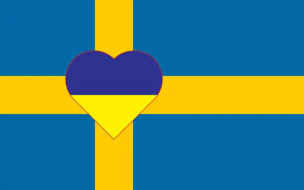 Vector illustration of A heart painted in the colors of the flag of Ukraine on the flag of Sweden. Illustration of a blue and yellow heart on the national symbol