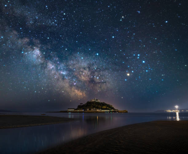 St. Michaels Mount by night The galactic core of the Milky Way rising above St. Michaels Mount marazion photos stock pictures, royalty-free photos & images
