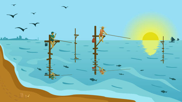 ilustraciones, imágenes clip art, dibujos animados e iconos de stock de pescadores capturan peces en postes especiales en el mar en una mañana soleada - athlete flying tennis recreational pursuit