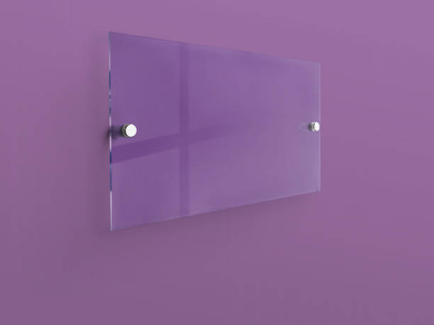 istock Blank violet rectangle glass office corporate on dark violet background Signage plate Mock Up Template, Clear Printing board for Branding, Logo. Acrylic advertising signboard mockup side view. 1389349732