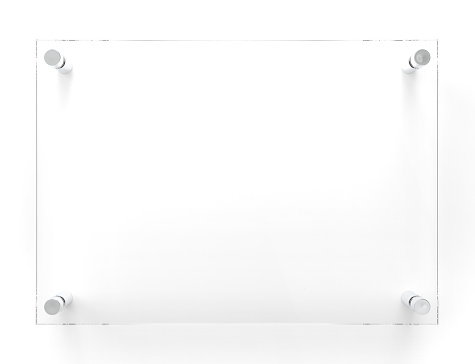 Blanco A4 de vidrio transparente de la oficina corporativa Placa de señalización Plantilla de maqueta para la marca, logotipo. Maqueta de letrero publicitario acrílico transparente vista frontal. Renderizado 3D photo
