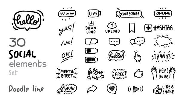 social medeia elements doodle style vector set social media elements vector set. doodle organic line style for decoration,advertising,website,content etc. like comment share icon stock illustrations