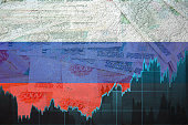 Graph of the ruble exchange rate against the background of the Russian flag and paper banknotes. Political and economic component of the country.