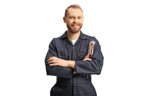 Photo of Plumber in a uniform holding pliers and looking at camera