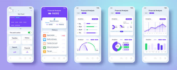 ilustraciones, imágenes clip art, dibujos animados e iconos de stock de diseño de la interfaz de la aplicación del banco neomorfismo en la pantalla del teléfono inteligente. diseño del concepto de aplicación de banca en línea. ui, ux, gui establecido con billetera. vector de stock - cuadro de instrumentos