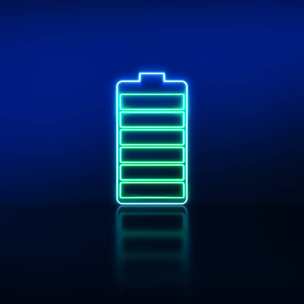 충전기 빛나는 전체 배터리 기호. 빛나는 네온 배터리 충전 수준 표시기 아이콘. - battery light tube concepts 뉴스 사진 이미지