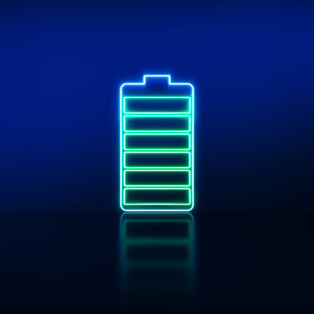 istock Charger glowing full battery sign. Glowing neon Battery charge level indicator icon. 1389358277
