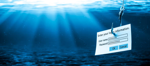 Phishing Concept Login Information Attached To Large Hook Under Water With Sunlight - Phishing Concept phishing stock pictures, royalty-free photos & images