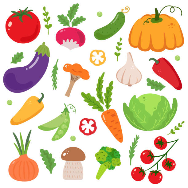漫画スタイルのベクター野菜の大きなセット。収集農産物 - ingredient broccoli cherry tomato carrot点のイラスト素材／クリップアート素材／マンガ素材／アイコン素材