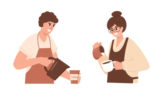 Vector illustration of Young man and woman baristas making Coffee.