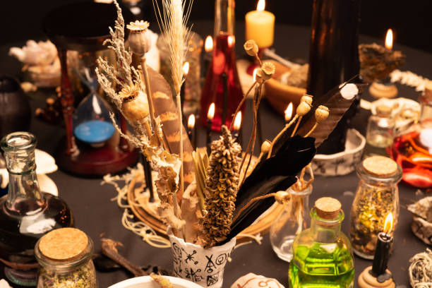 istock Witchcraft ritual ceremony, selective focus. Alchemy and esoteric symbol items for magic cult. Spiritual occultism and magic chemistry inspired by mysticism. Witch and warlock magician concept. Halloween. 1389363888