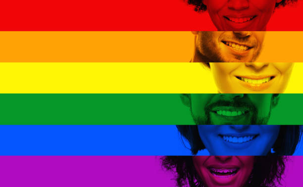 primeros planos sonrisas masculinas y femeninas de diferentes etnias en colores de la bandera del arco iris de la comunidad lgbt - lesbian gay man rainbow multi colored fotografías e imágenes de stock